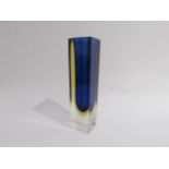 A Murano Sommerso squared blue and amber glass vase encased in clear. 30cm high