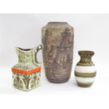 Three West German Fat Lava vases including floor vase with relief moulded Galleon, Bay 79-25 jug and