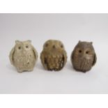 A studio pottery small figure of an owl in the Bernard Rooke style, 10cm high, together with two