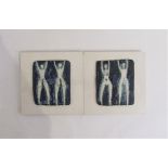 Two studio ceramic tiles mounted onto board depicting female and male nude figures in textured