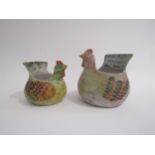 Two hand painted 'Italica Ars Pottery' ceramic stylised chicken vases, circa 1980's, tallest 13cm