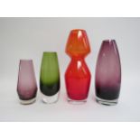 Four Riihimaki Finnish Glass vases including Aimo Okkolin red vase. Tallest 25cm