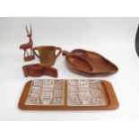 A collection of mid 20th century wooden items including Scandinavian teak tray with two glass