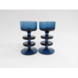 A pair of blue Wedgwood glass 2 ring Sheringham candle holders by Ronald Sennett-Willson, etched