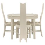 A postmodern 1980's circular dining table in off white with four sculptural high backed chairs.