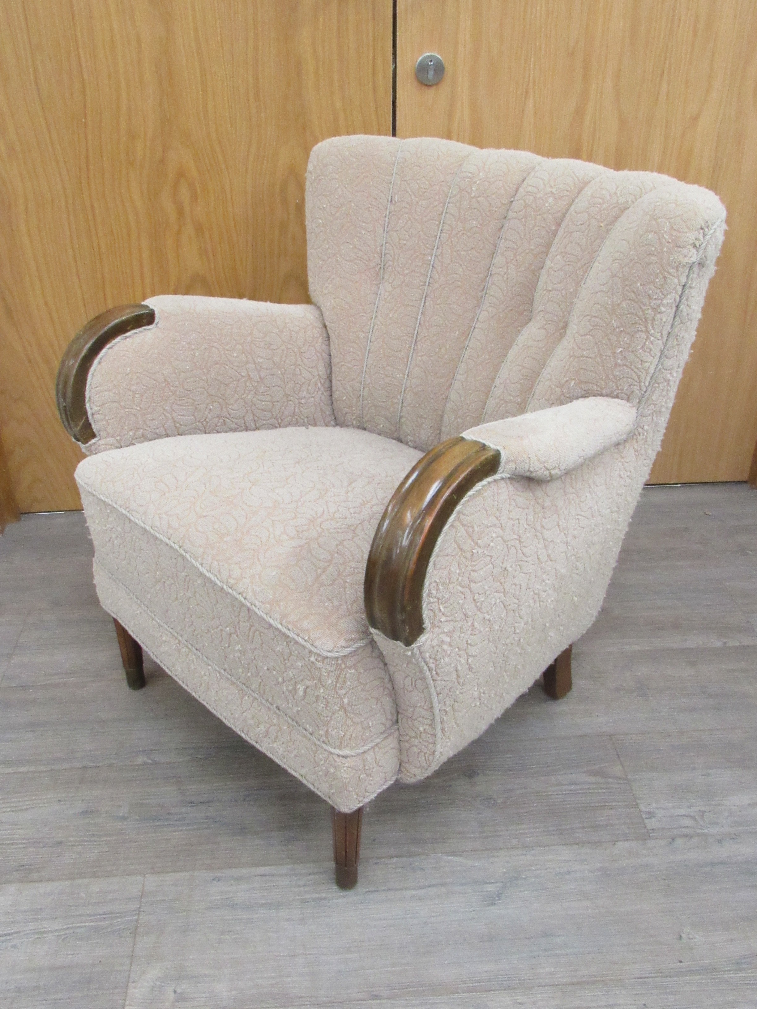 A 1940's Danish armchair original embossed upholstery in oatmeal colours, dark stained wooden arms - Image 2 of 2