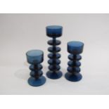 Three Sheringham candleholders in blue glass 1 x 5 ring, 1 x 3 ring and 1 x 2 ring, designed by