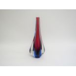 A Murano glass slender vase in red and blue encased in clear with 'fin' sides. 27.5cm high