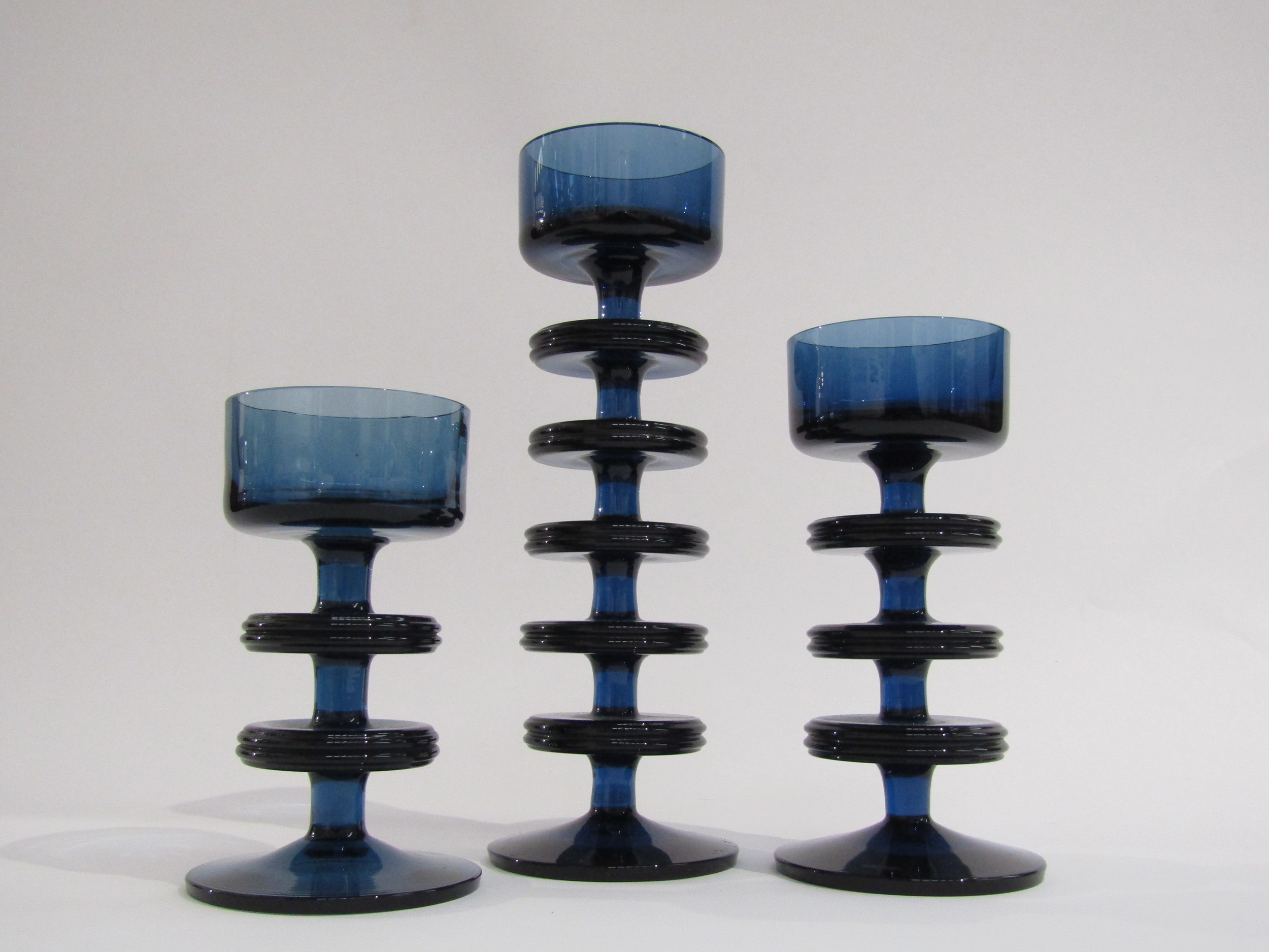 Three Sheringham candleholders in blue glass 1 x 5 ring, 1 x 3 ring and 1 x 2 ring, designed by - Image 2 of 2