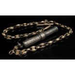 A watch chain with T-bar, clasp stamped 9ct, 20.6g hung with a silver propelling pencil shell