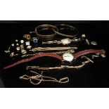 A quantity of 9ct gold and other jewellery including bangles, chains, cross pendant, watches etc,