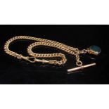 A 9ct gold watch chain with T-bar and cornelian and bloodstone swivel fob (cracked), 21.6g total