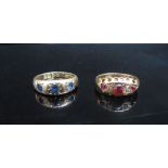 Two 18ct gold rings, one set with three sapphires in rubover setting, size J, the other with red