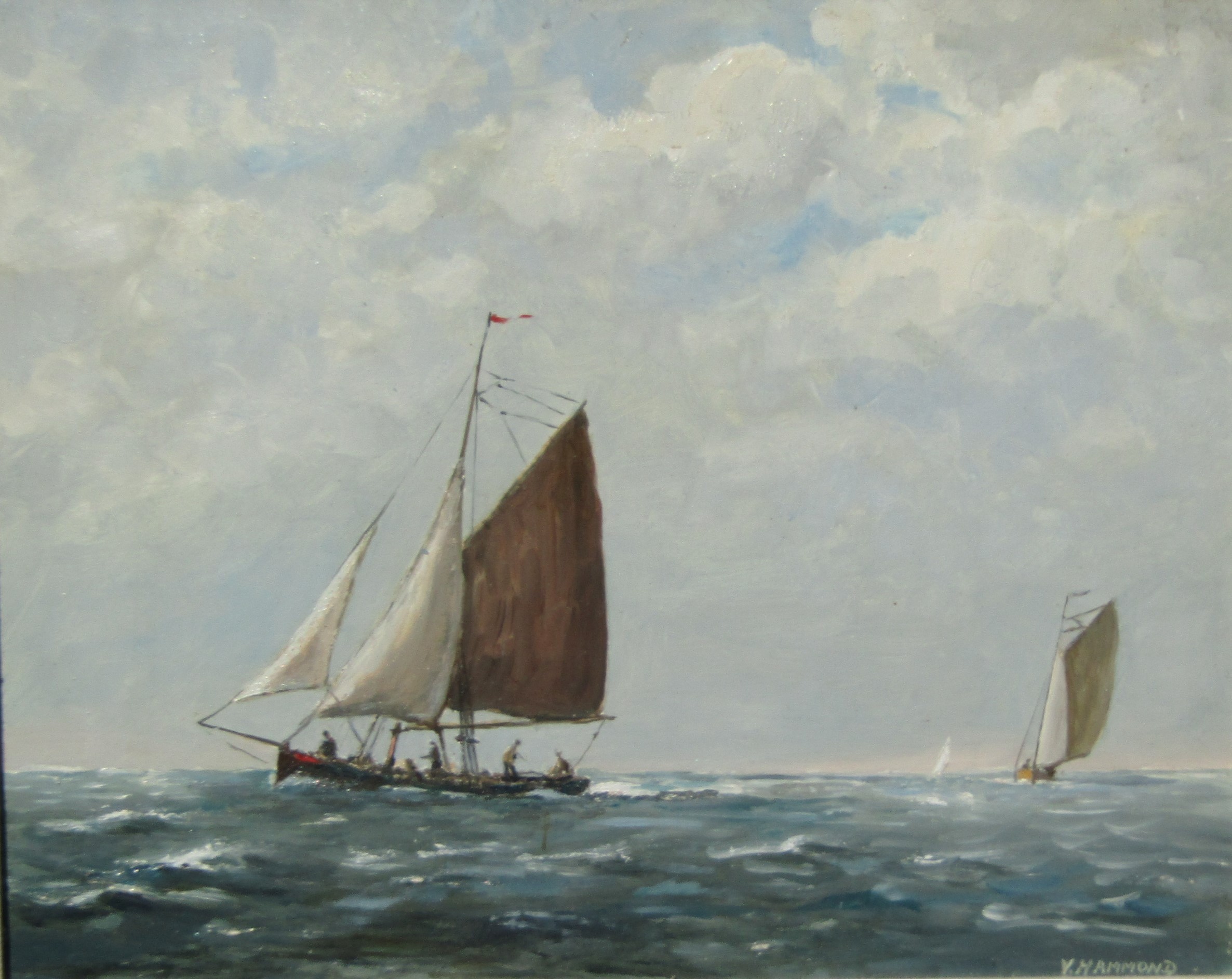 ALFRED VAVASOUR HAMMOND (1900-1985): A framed oil on board of sailing boats. Signed bottom right. - Image 2 of 4