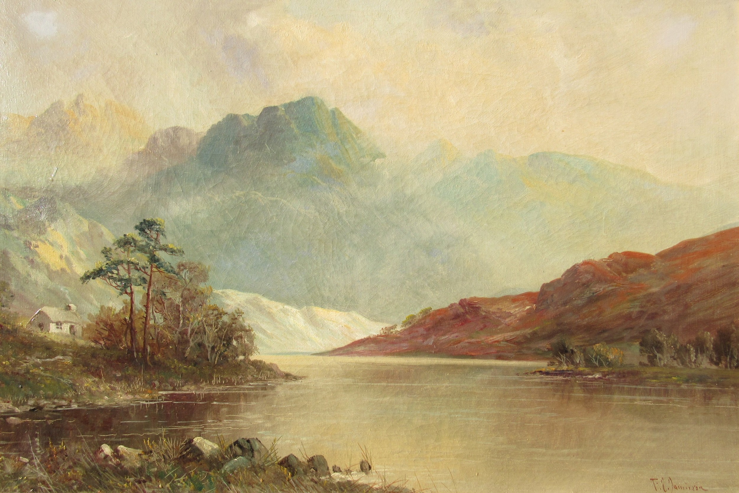 FRANCIS EDWARD JAMIESON (1895-1950) An oil on canvas depicting a scene at 'Loch Earn, Perthshire, - Image 2 of 5