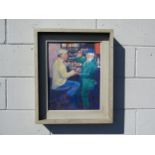 A framed oil on board depicting Two horse dealers bargaining in a bar. Unsigned. 44cm x 35cm