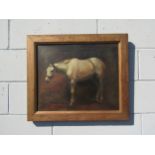 M.D. GOODACRE (XIX/XX) : A framed oil on canvas "After the Hunt", a grey horse in a stable. Signed