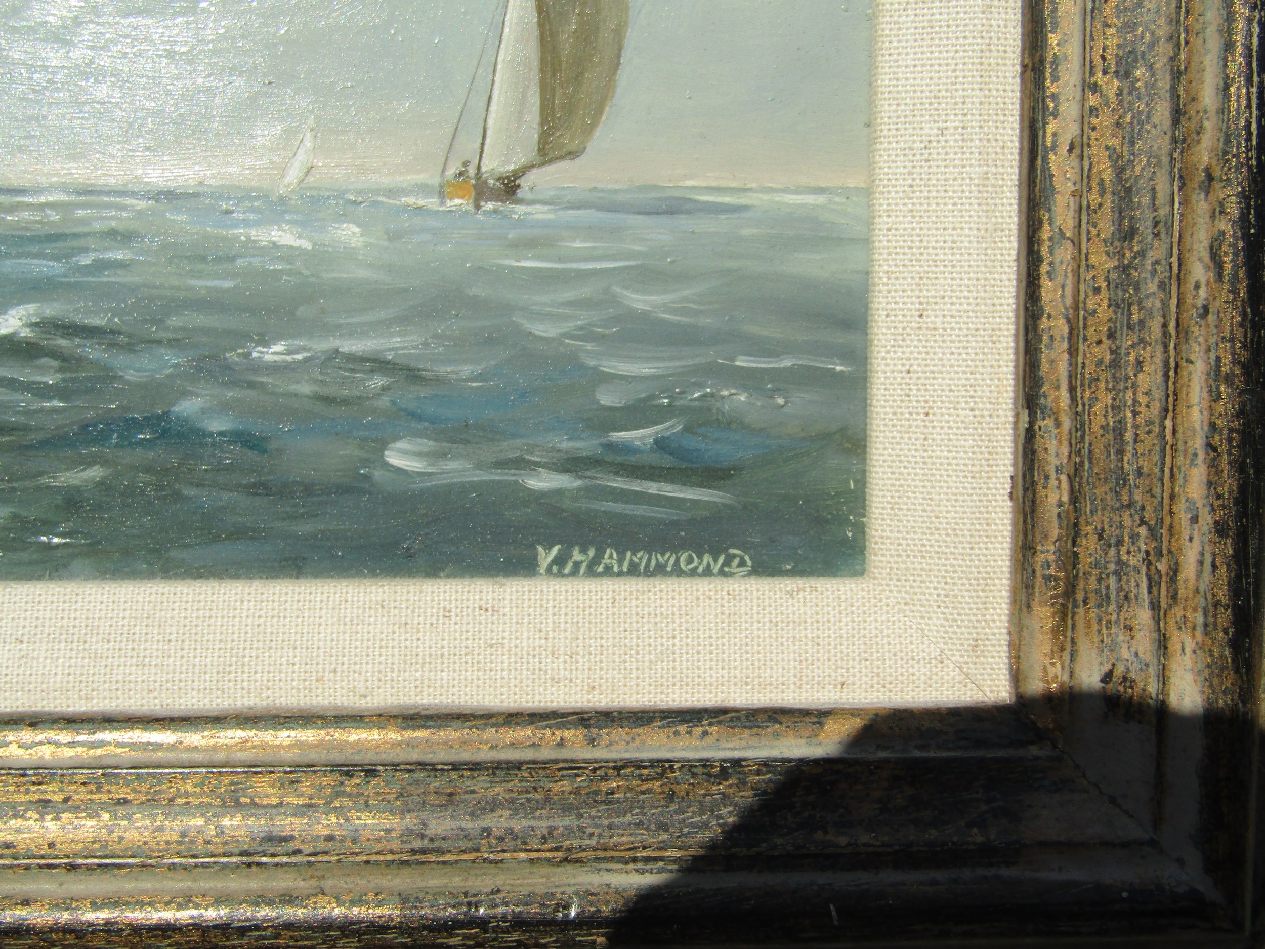 ALFRED VAVASOUR HAMMOND (1900-1985): A framed oil on board of sailing boats. Signed bottom right. - Image 3 of 4