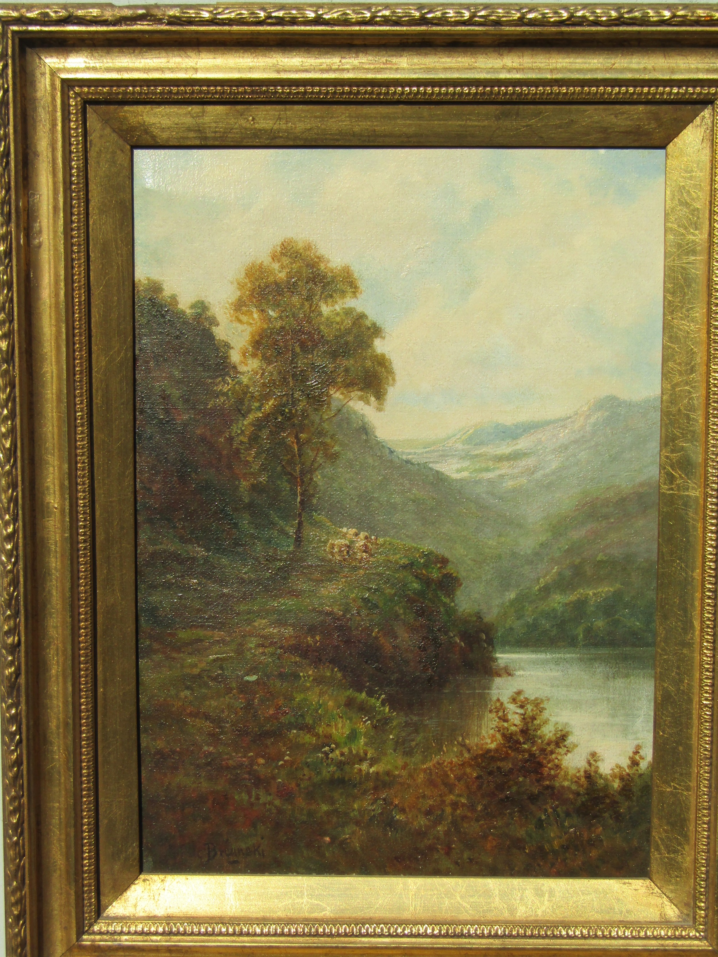 ALFRED FONTVILLE De BREANSKI (1877-1957): A gilt framed oil on canvas, Scottish Loch side scene with - Image 3 of 5