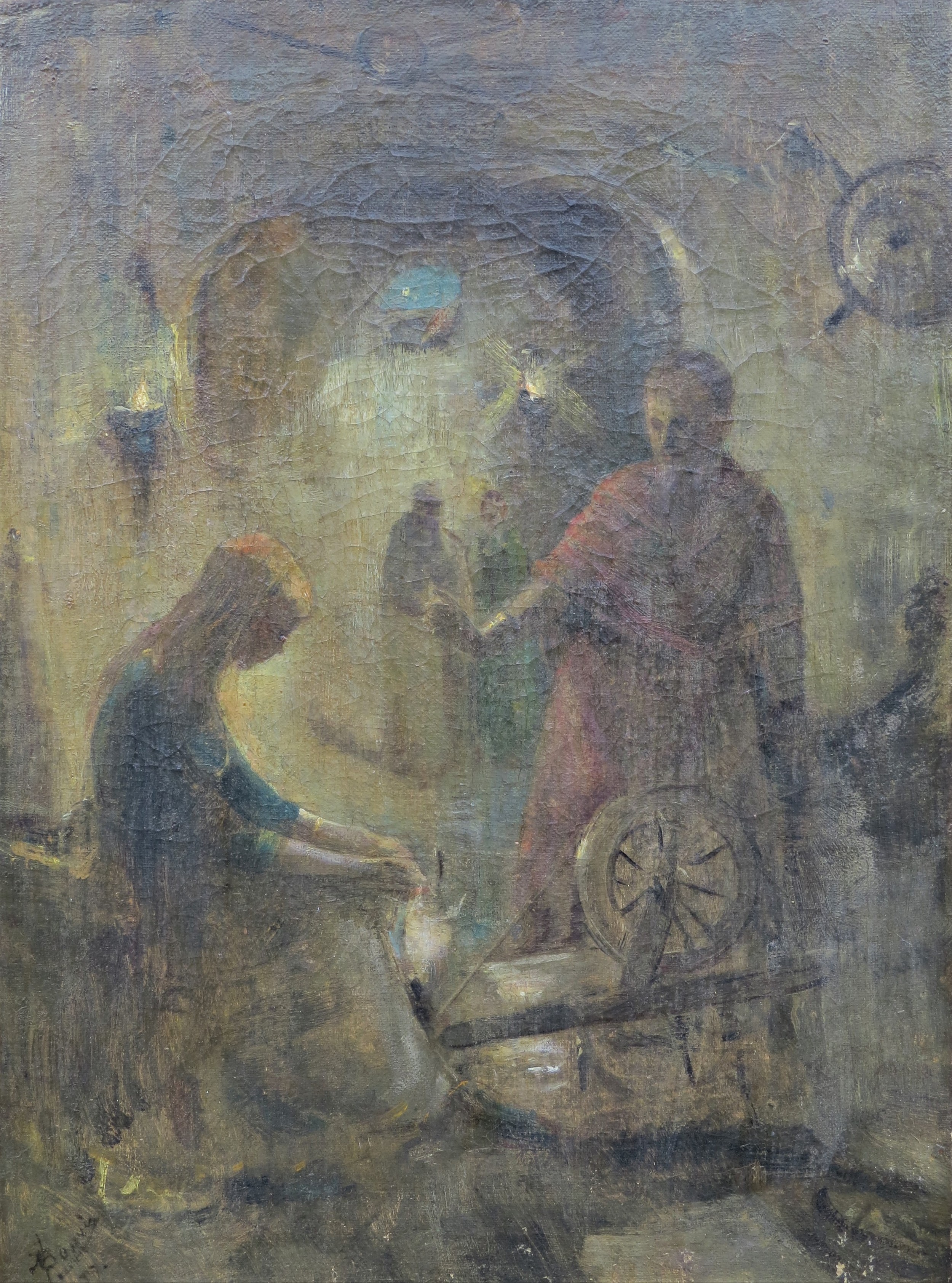 A late 19th/early 20th Century oil on canvas depicting a work master overseeing a young woman at a - Image 2 of 6