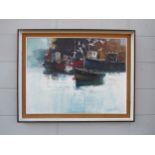 BRIAN O'HANLON (XX) A framed oil on board depicting trawlers at Lowestoft. Signed bottom. Image size