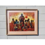 PETER SELL (XX): "The Lesson", an African teaching many children. Oil. Signed and indistinctly dated