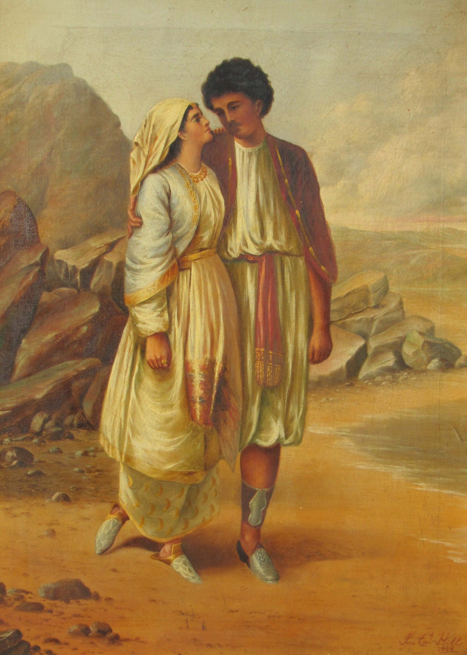 A late 19th Century oil on canvas depicting an Eastern couple standing on a shore, mountain rocks - Image 2 of 4