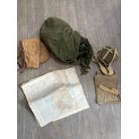 A box of mixed militaria including wartime water bottle, 1944 map case etc