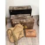 A WWII 1944 dated webbing satchel, two Lee Enfield .303 post-war cases and a cased WWII 1940 dated