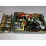 A collection of assorted boxed and loose diecast vehicles including Gate 1:18 scale Chrysler FT