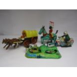 Three Chinese tinplate clockwork novelty toys to include acrobat on horseback, road layout and
