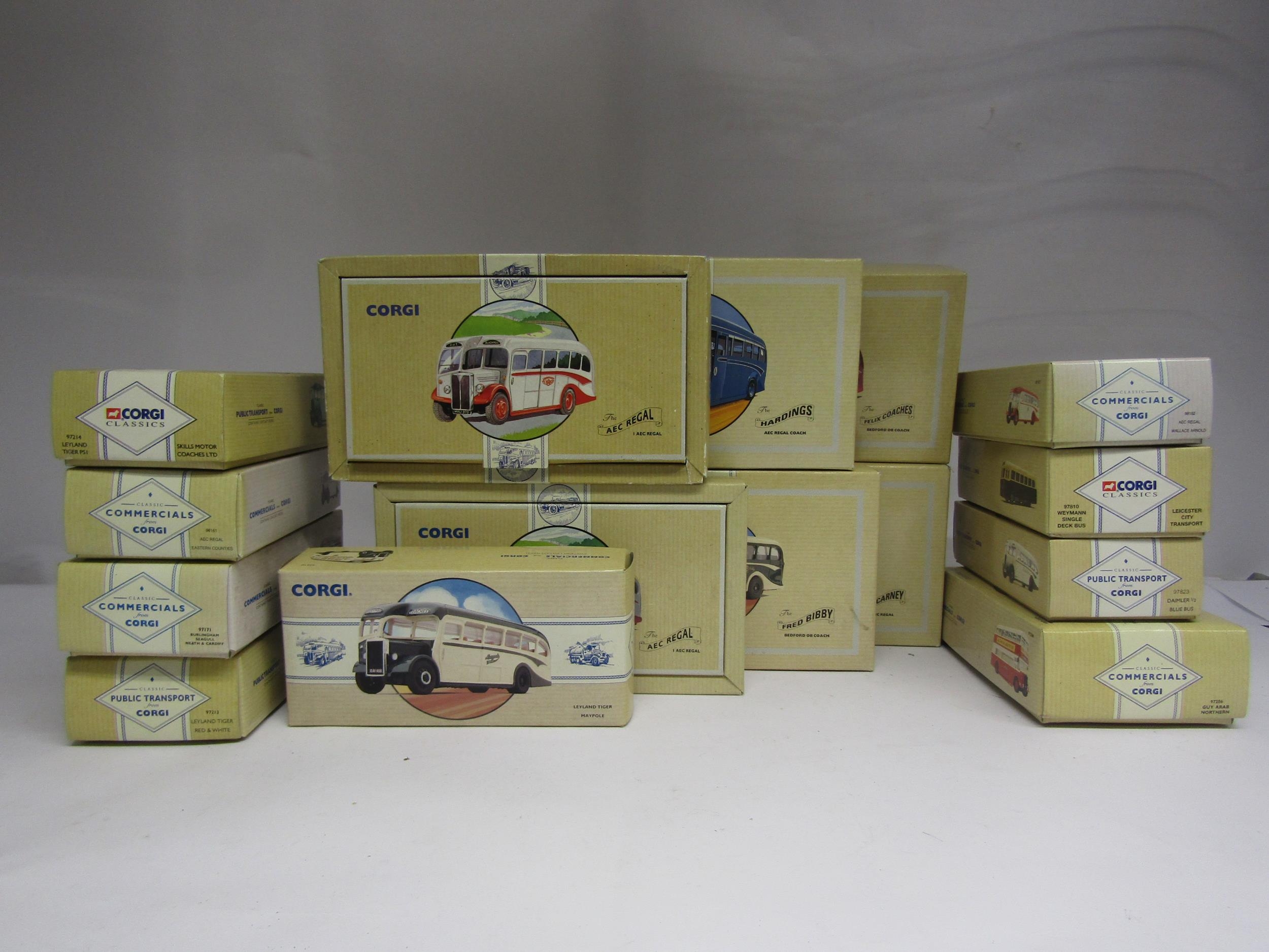 A collection of boxed Corgi Classic diecast single deck buses and coaches (15)