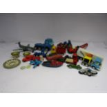 Assorted tinplate and plastic vehicles including Triang Minic, Tonka, motorbikes, planes, candle