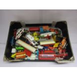 A box of mixed playworn diecast vehicles including Dinky Eagle, Corgi Land Rovers etc
