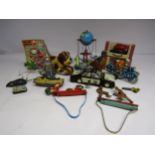 A collection of assorted unboxed tinplate mechanical and friction toys including TK (Japan) aircraft