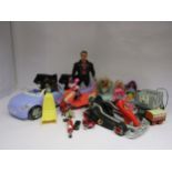 Mixed toys including Barbie dolls and scooter, Terminator figure, Action Man go cart etc