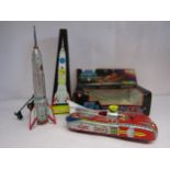 Two boxed tinplate space toys to include Lemezaru Gyar space rocket and Astronef Electrique Ship