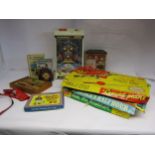 Mixed toys and games including Palitoy Revojet, Tomy Atomic Arcade Pinball, Pin-U-Ringit dexterity