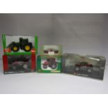 Five assorted boxed 1:32 scale diecast farm vehicles and implements comprising Universal Hobbies