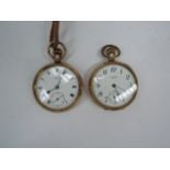Two gold plated open faced pocket watches with Arabic and Roman enamelled dials including Waltham