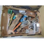 Two boxes of assorted hand tools including files, taps and dies, screw plates, oil pumps, vernier,