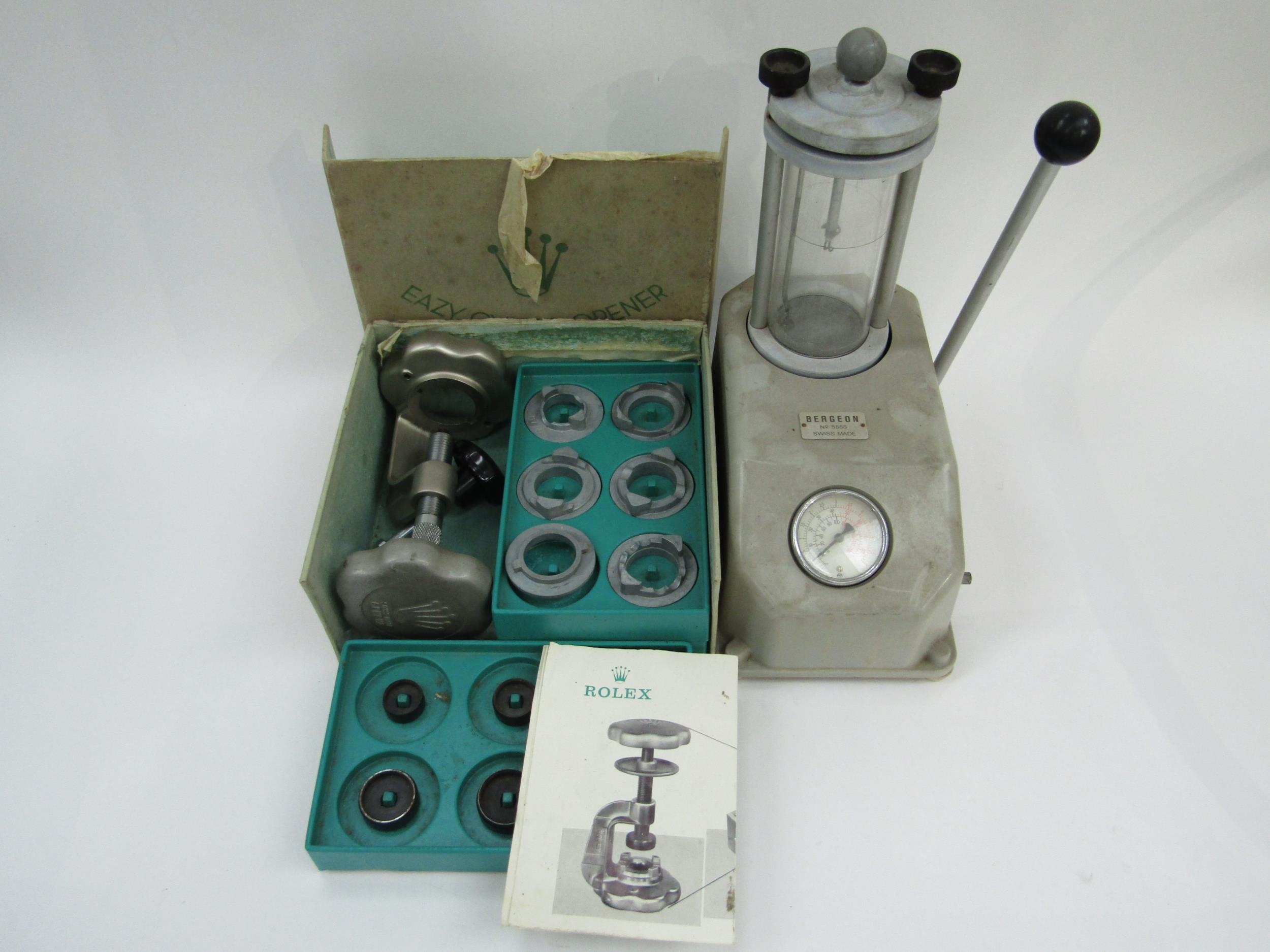 A Bergeon No. 5555 watch pressure testing machine, with a boxed Rolex vintage Eazy Oyster Opener