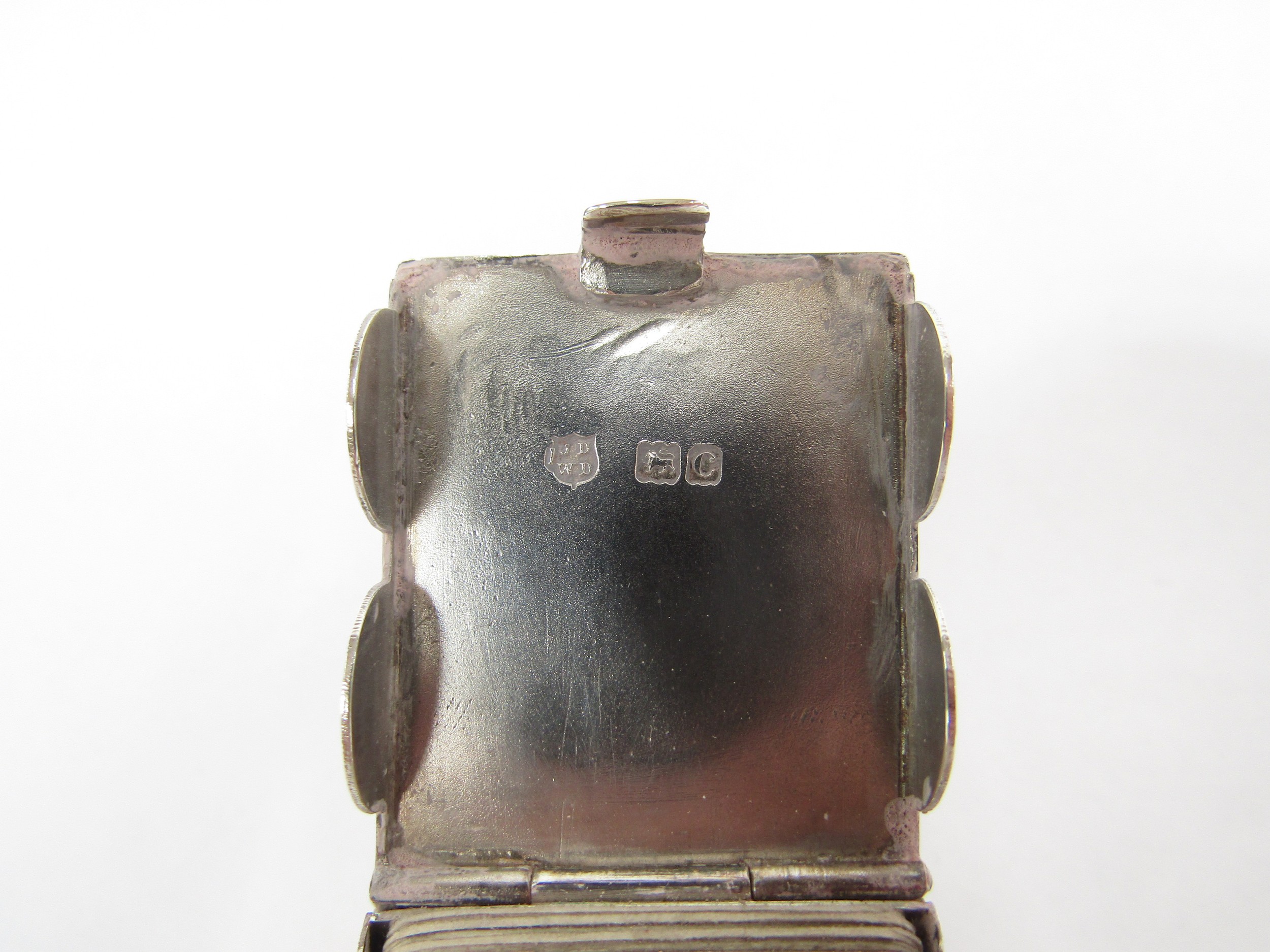 A John William Deakin silver playing card box, the lid opening to reveal two sections with miniature - Image 2 of 3