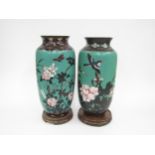 A pair of late 19th Century cloisonné vases, decorated with bird, flower and leaf, one with