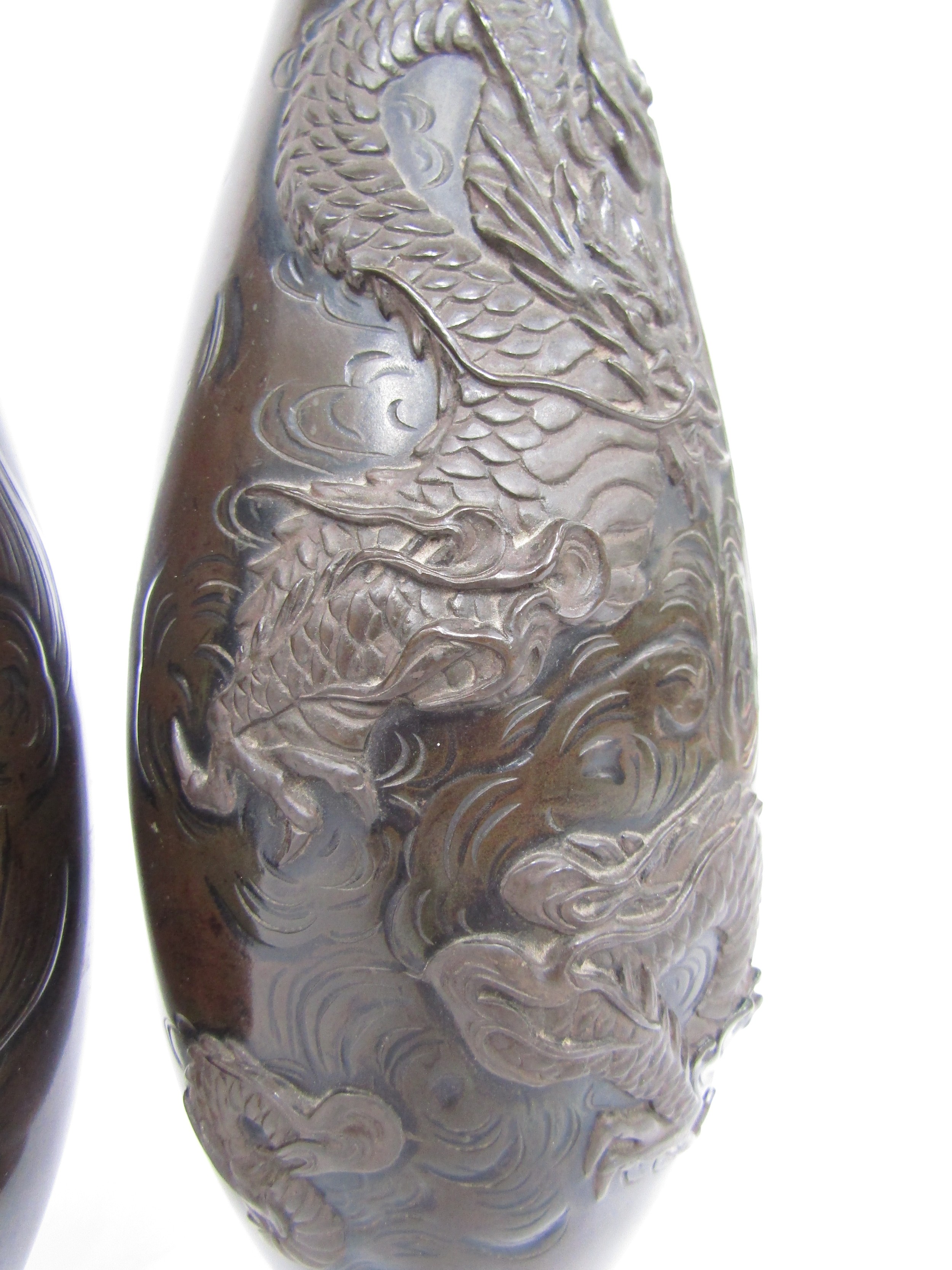 A pair of Japanese bronze vases with applied stylised dragons, 37cm tall - Image 3 of 5
