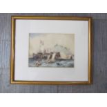 A 19th Century miniature watercolour depicting boats rowing into port, with buildings to background,