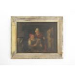 An early 19th Century Dutch oil on tin, figures in interior reading a book, framed, 14.5cm x 19cm