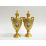 A pair of Coalport fine porcelain lidded urns with central cartouche of hand-painted topographical