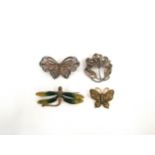Four brooches including dragonfly, filigree moth, butterfly and MASJ floral spray dated 87