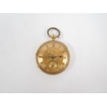 An 18ct gold pocket watch with Roman numerals and seconds dial, the face engraved with flowers, 81g